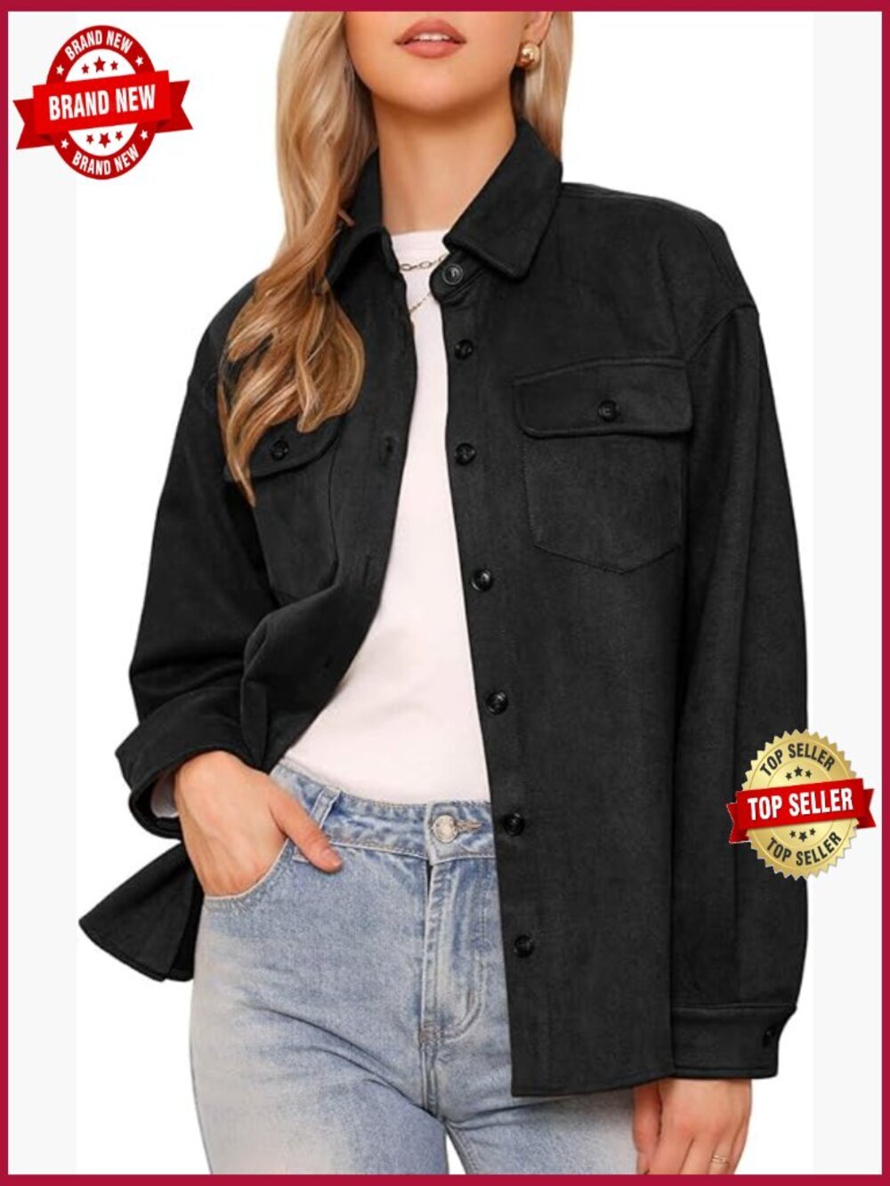 Faux Suede Button Down Jacket with Lapel Collar & Flap Pockets